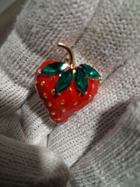 Enamel Strawberry Brooch with Emerald Leaves